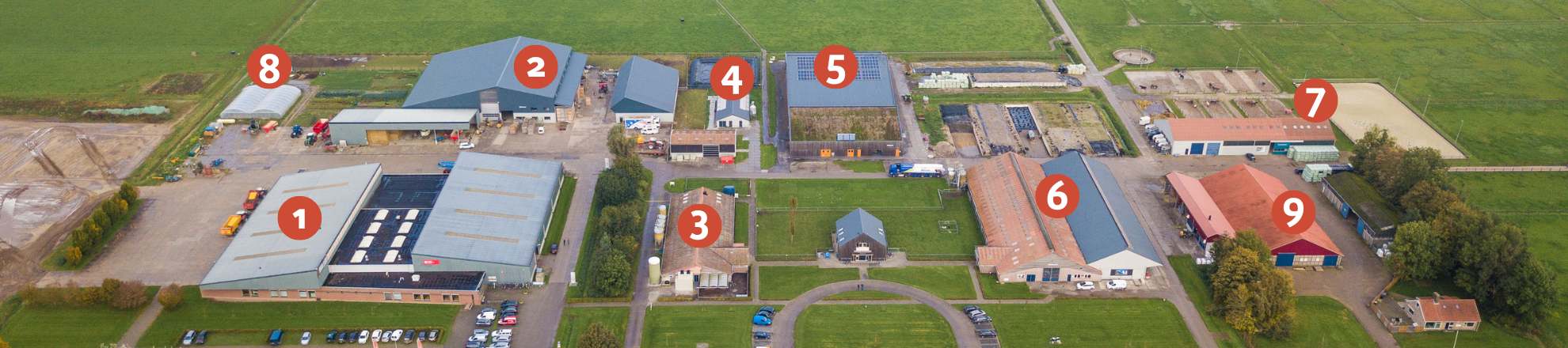 Luchtfoto van Aeres Farms met alle faciliteiten genummerd